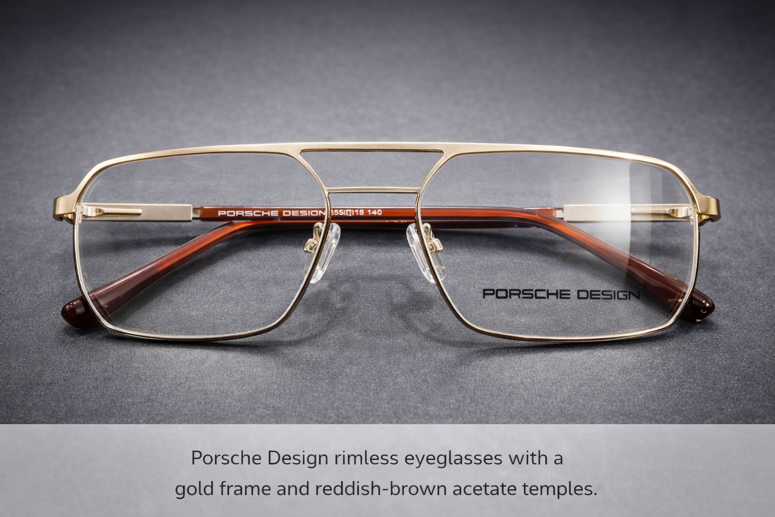 Gold Rimless Rectangular Eyeglasses with Double Bridge & Brown Temples | Luxury Lightweight Optical Frames for Men