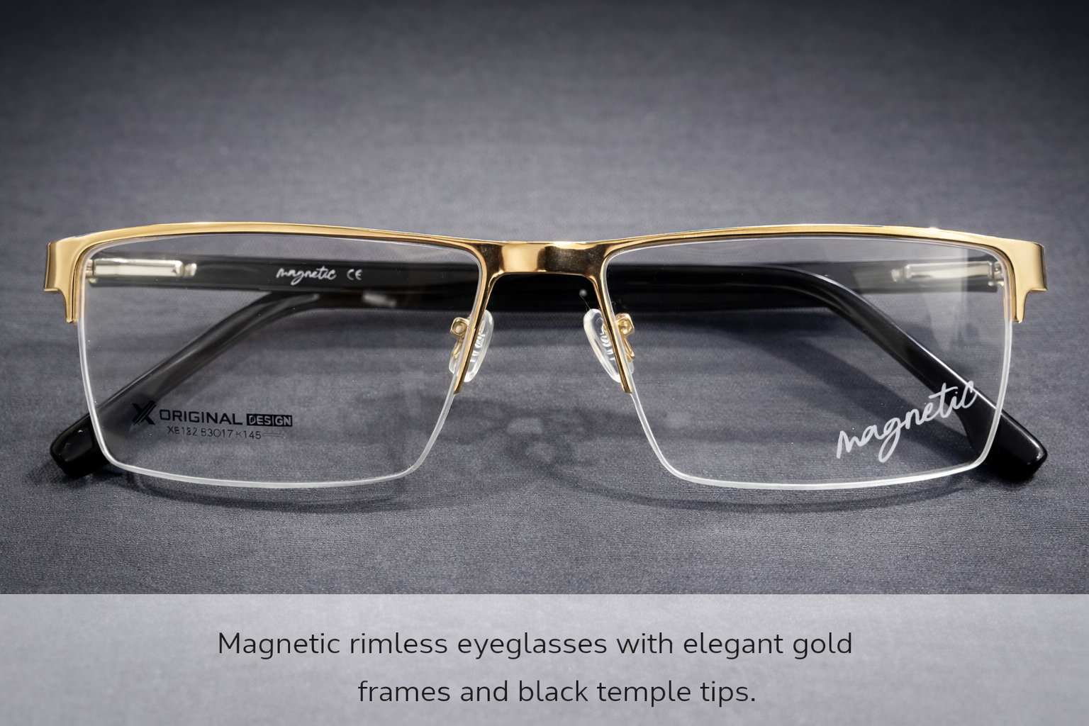 Gold Rimless Rectangular Magnetic Eyeglasses with Black Temple Tips | Ultra-Light Luxury Optical Frames for Men