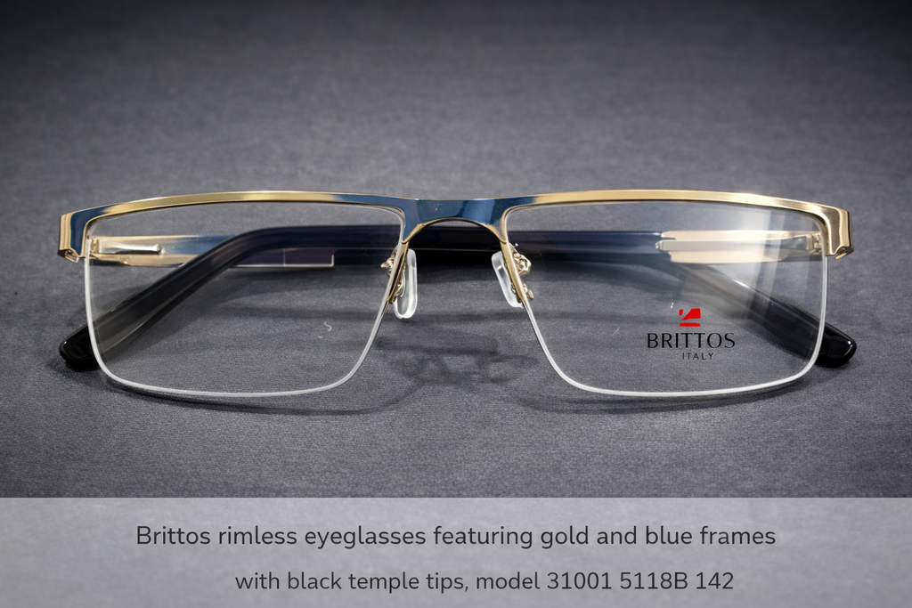 Gold & Blue Rimless Rectangular Eyeglasses with Black Temple Tips | Luxury Lightweight Optical Frames for Men