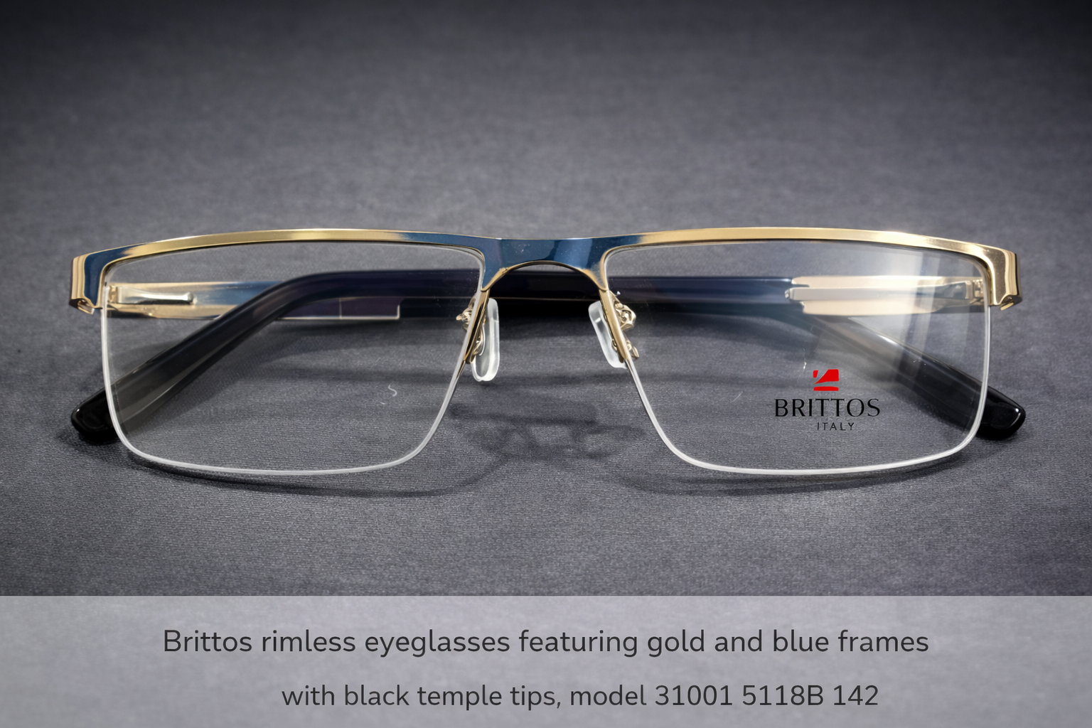 Gold & Blue Rimless Rectangular Eyeglasses with Black Temple Tips | Luxury Lightweight Optical Frames for Men