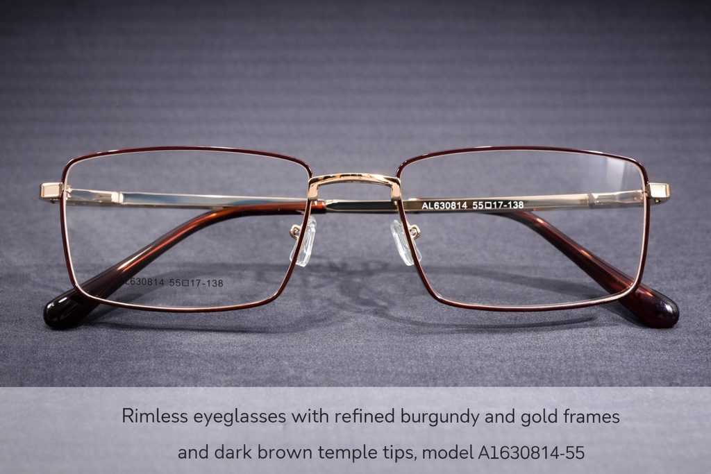 Burgundy & Gold Rimless Rectangular Eyeglasses with Brown Temple Tips | Luxury Lightweight Optical Frames