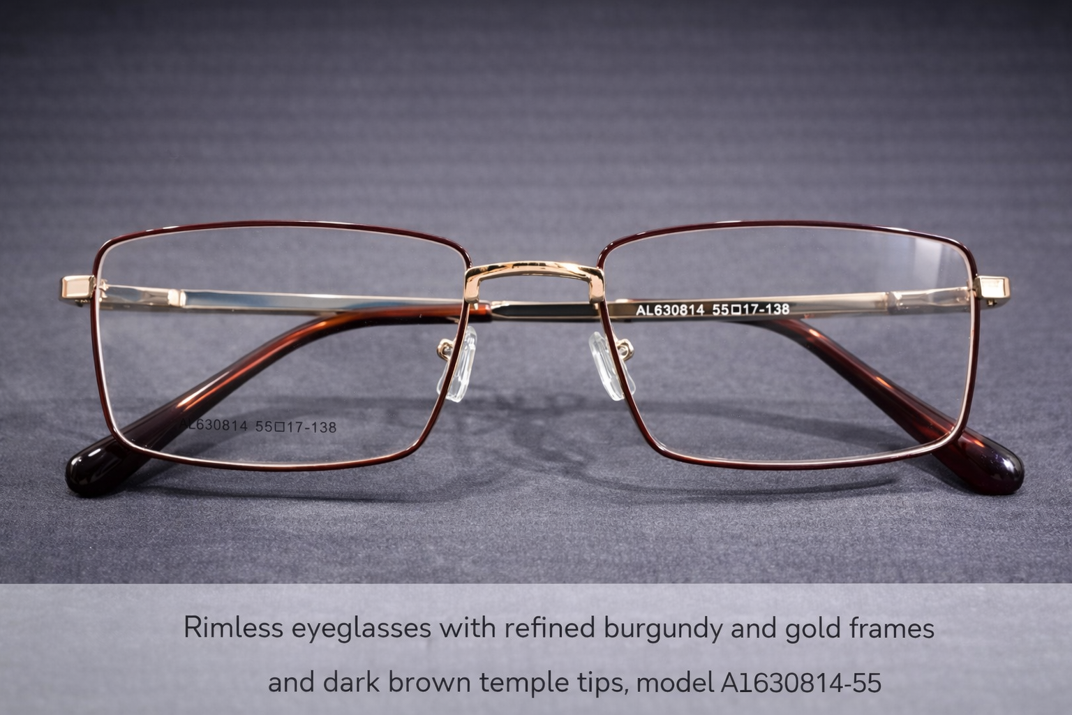 Burgundy & Gold Rimless Rectangular Eyeglasses with Brown Temple Tips | Luxury Lightweight Optical Frames