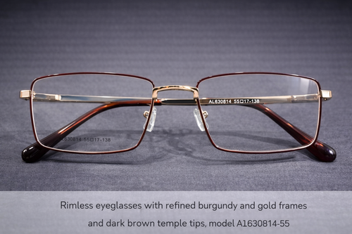 Burgundy & Gold Rimless Rectangular Eyeglasses with Brown Temple Tips | Luxury Lightweight Optical Frames