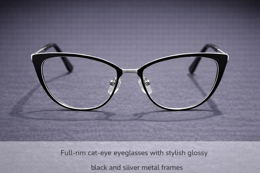 Black & Silver Full-Rim Cat-Eye Eyeglasses | Glossy Metal-Trim Fashion Optical Frames for Women