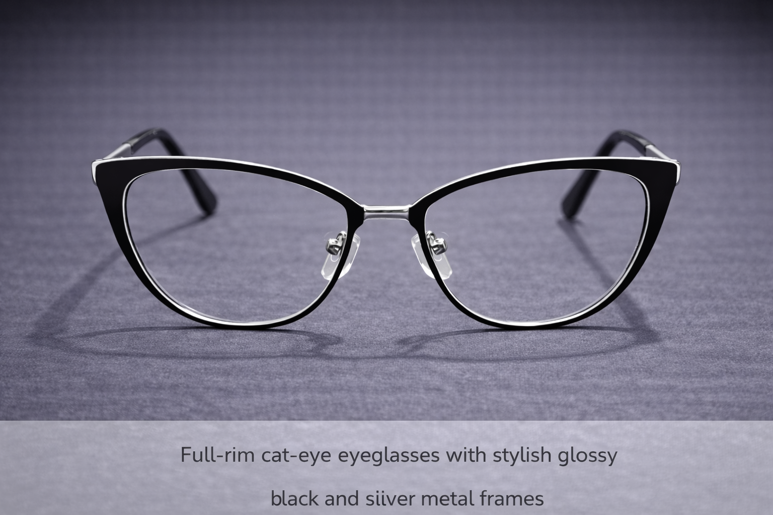 Black & Silver Full-Rim Cat-Eye Eyeglasses | Glossy Metal-Trim Fashion Optical Frames for Women