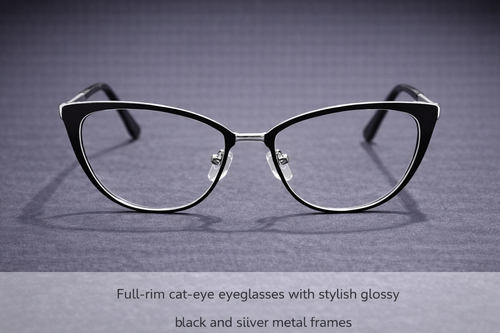 Black & Silver Full-Rim Cat-Eye Eyeglasses | Glossy Metal-Trim Fashion Optical Frames for Women