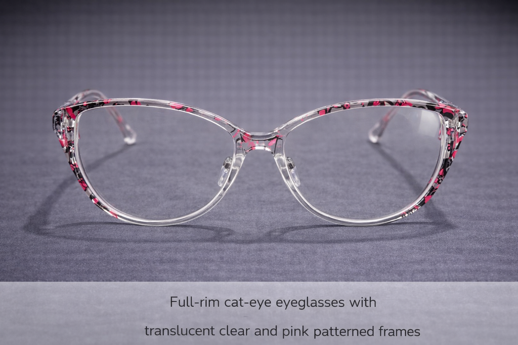 Translucent Pink Patterned Full-Rim Cat-Eye Eyeglasses | Clear Acetate Fashion Optical Frames for Women