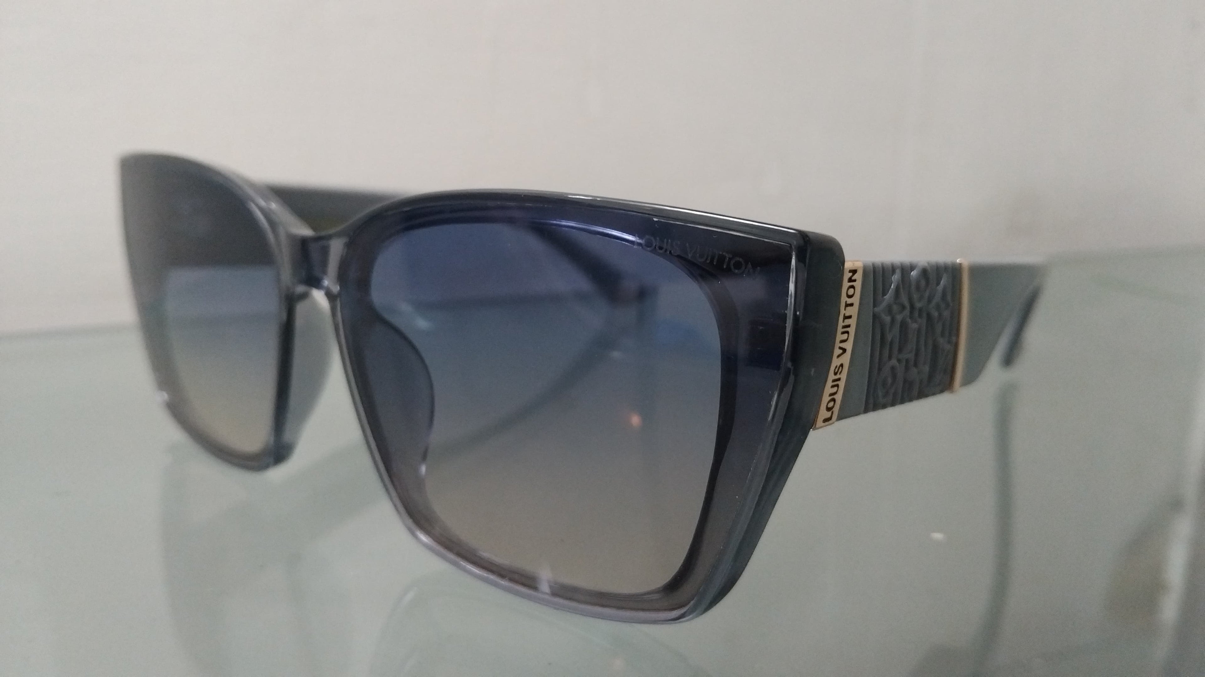 Square Sunglasses – Transparent Grey Frame with Monogram Temple Luxury Designer Shades