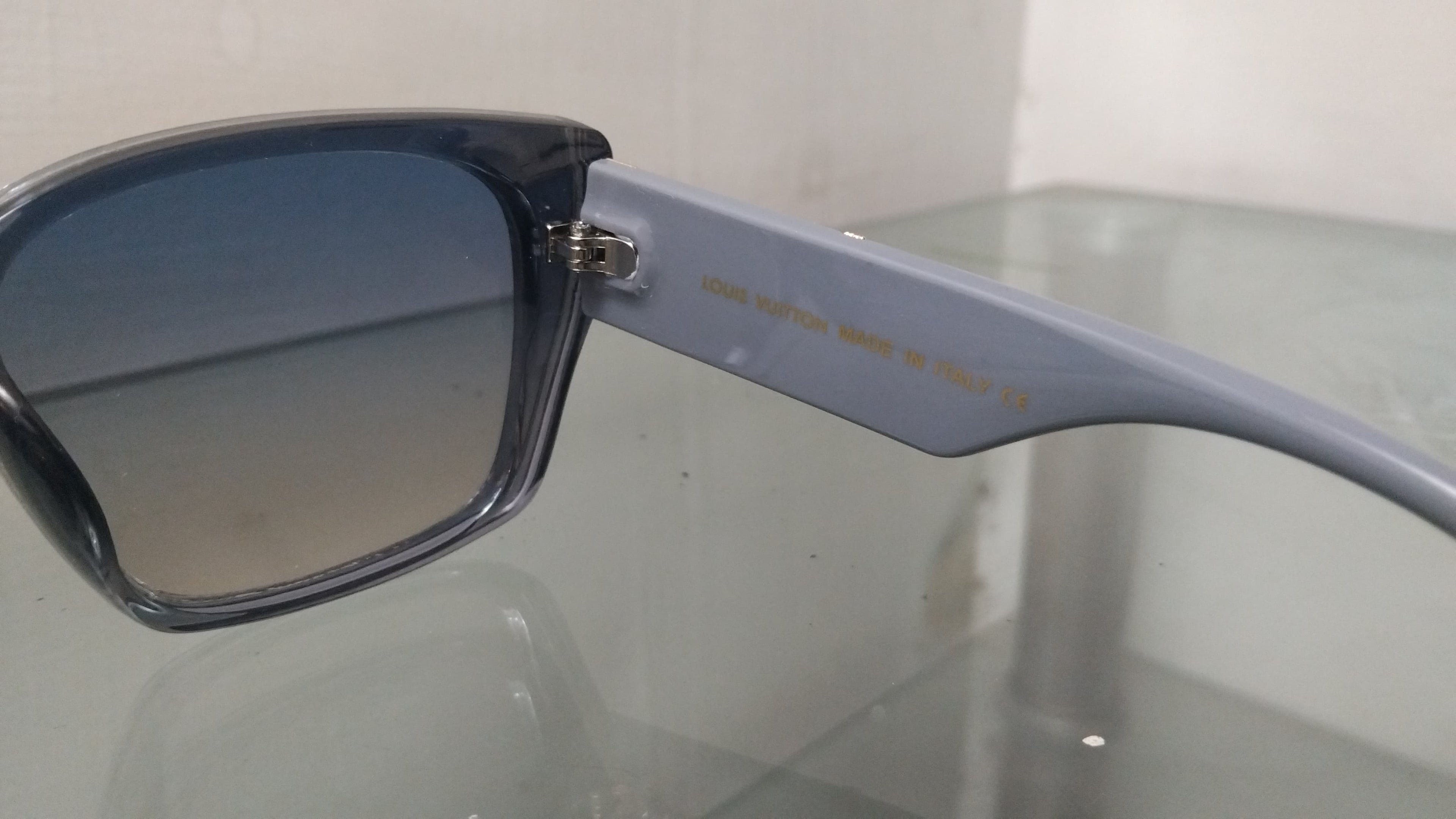 Square Sunglasses – Transparent Grey Frame with Monogram Temple Luxury Designer Shades