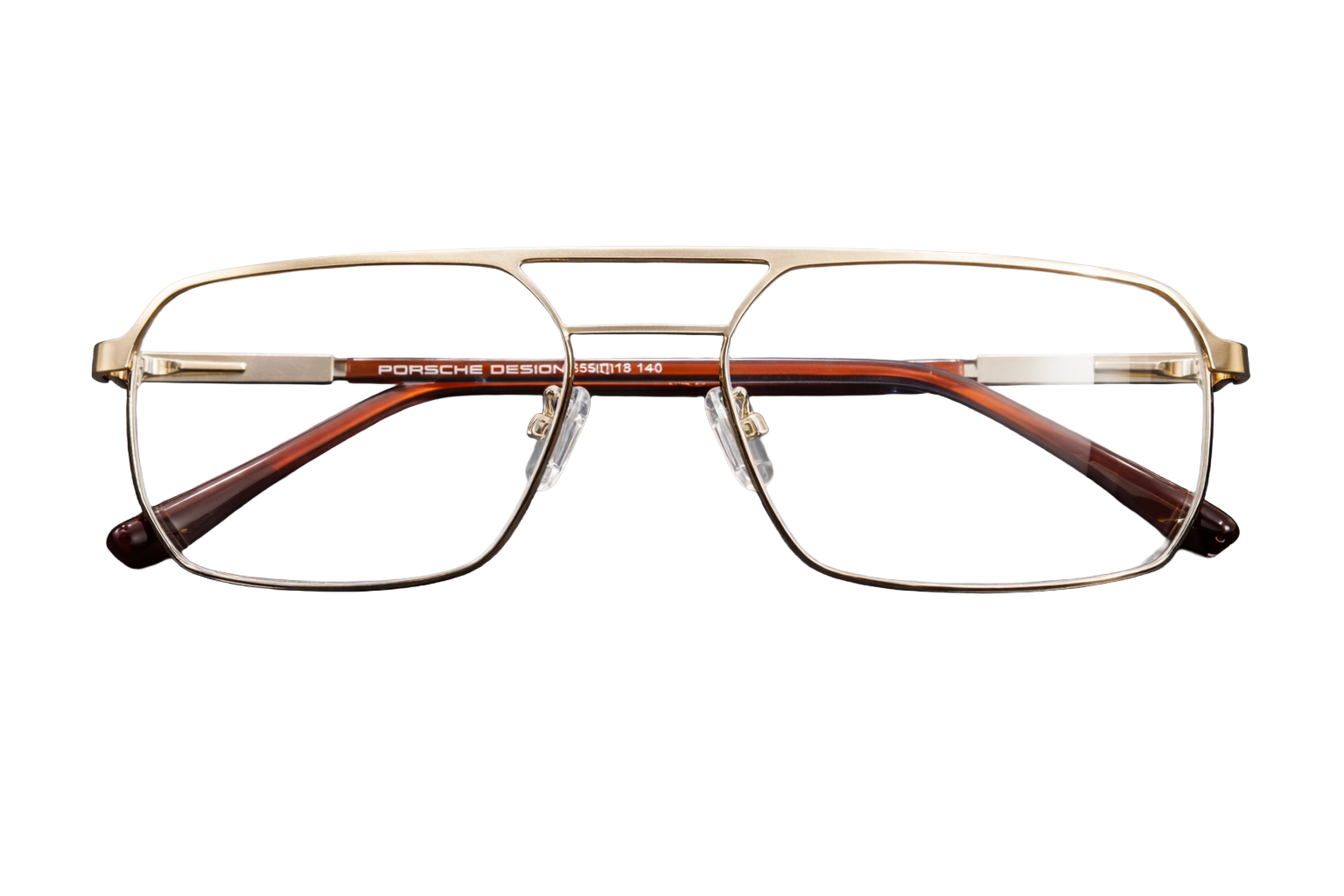 Gold Rimless Rectangular Eyeglasses with Double Bridge & Brown Temples | Luxury Lightweight Optical Frames for Men