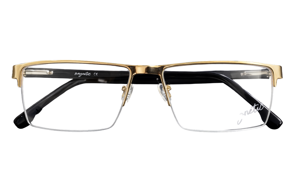Gold Rimless Rectangular Magnetic Eyeglasses with Black Temple Tips | Ultra-Light Luxury Optical Frames for Men
