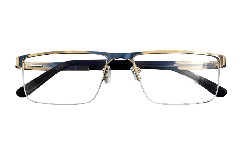 Gold & Blue Rimless Rectangular Eyeglasses with Black Temple Tips | Luxury Lightweight Optical Frames for Men