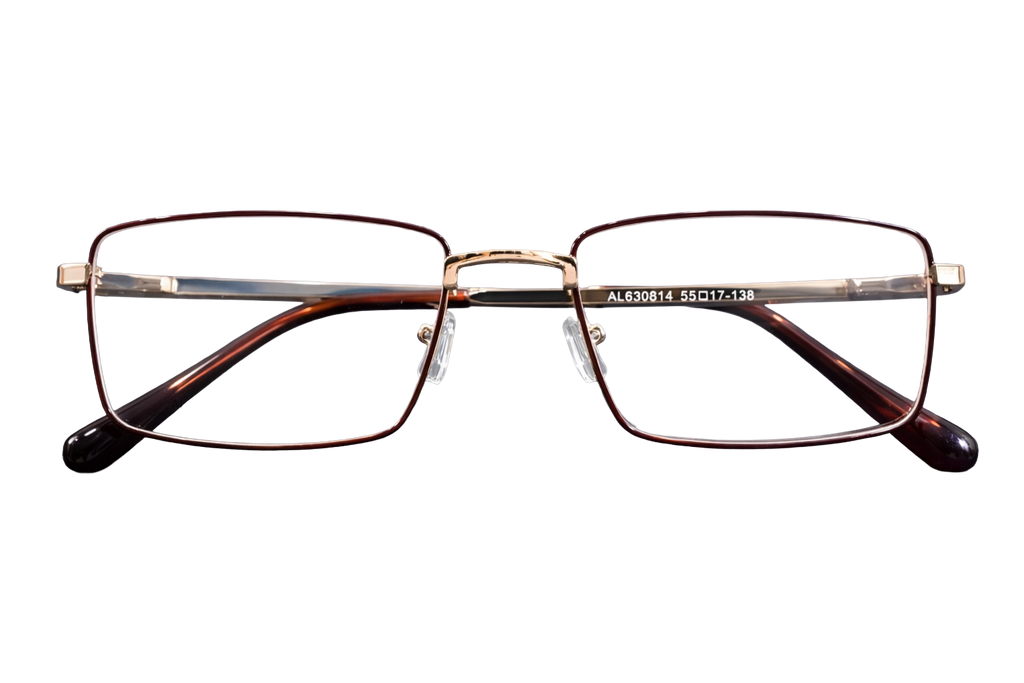 Burgundy & Gold Rimless Rectangular Eyeglasses with Brown Temple Tips | Luxury Lightweight Optical Frames