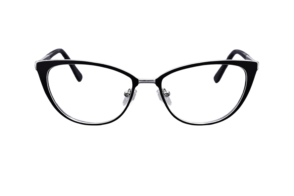 Black & Silver Full-Rim Cat-Eye Eyeglasses | Glossy Metal-Trim Fashion Optical Frames for Women