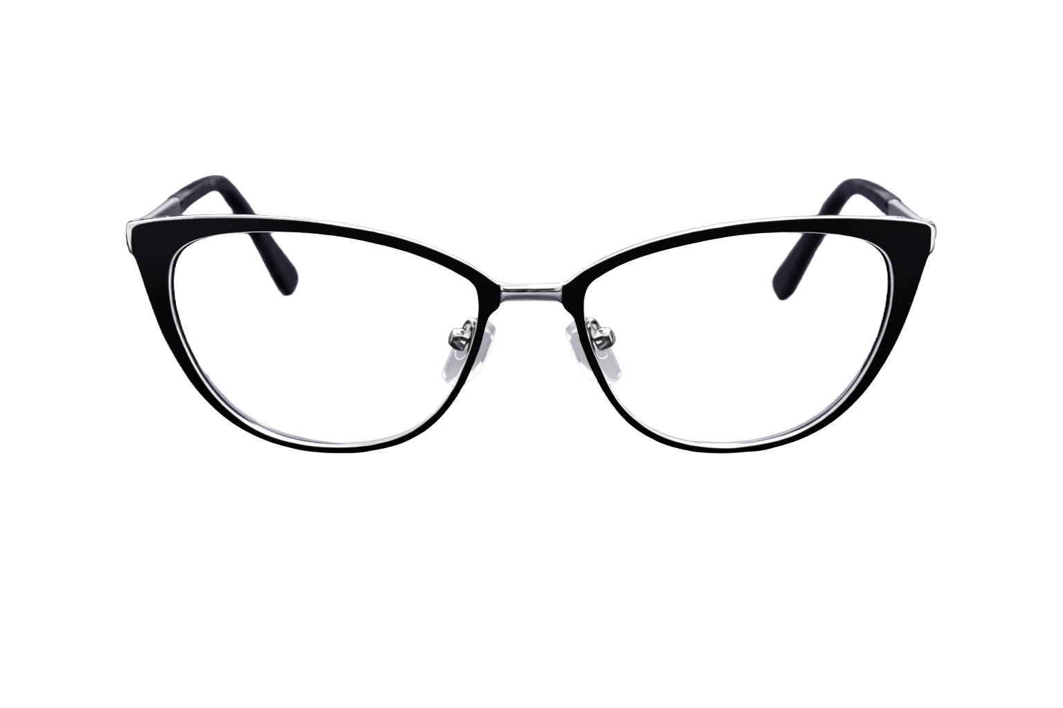 Black & Silver Full-Rim Cat-Eye Eyeglasses | Glossy Metal-Trim Fashion Optical Frames for Women