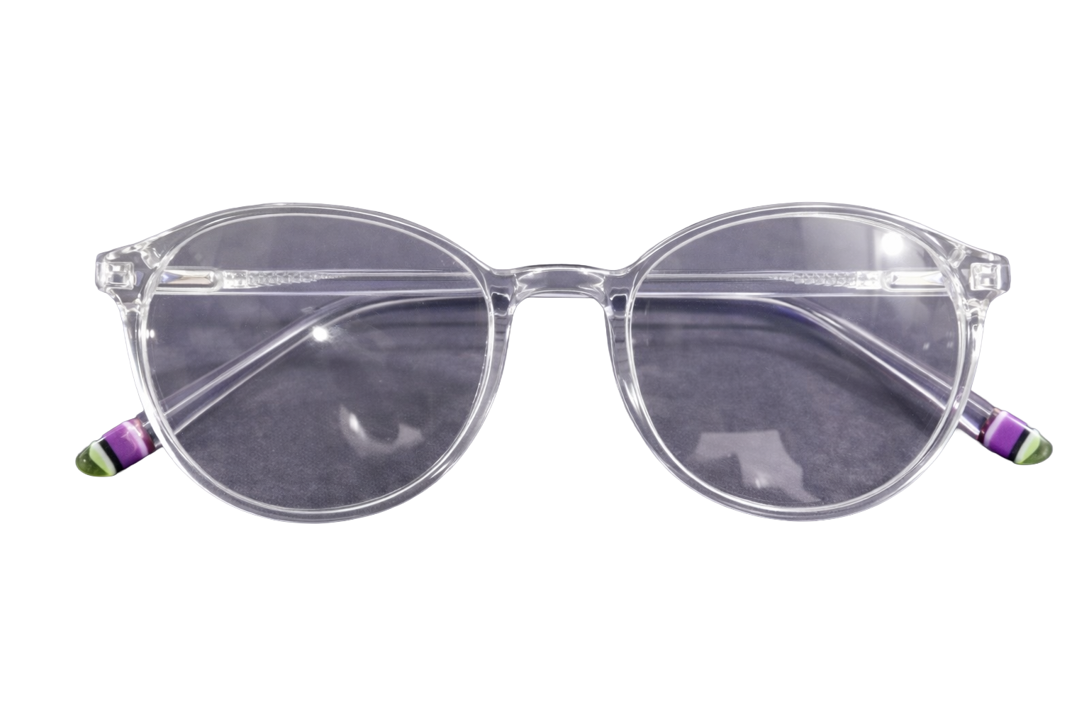 Full-Rim Round Eyeglasses | Clear Acetate Frames with Purple & Lime Green Striped Temple Tips